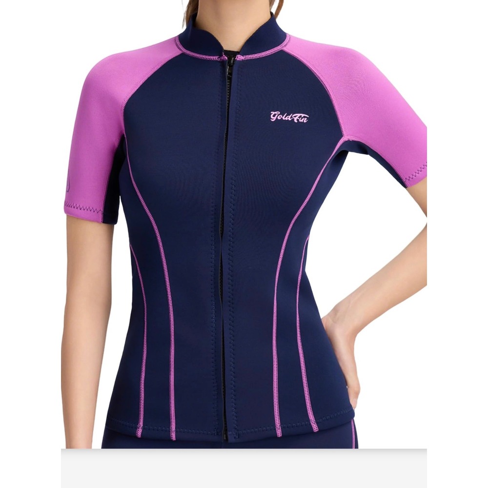GoldFin Womens Wetsuit Top Short Sleeve Neoprene Zip Front‎ Navy Purple Jacket